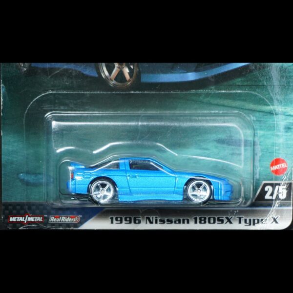 Close-up of Nissan 180SX Type X Diecast Car – Hot Wheels Premium Fast & Furious with Rubber Tires and Metal Base