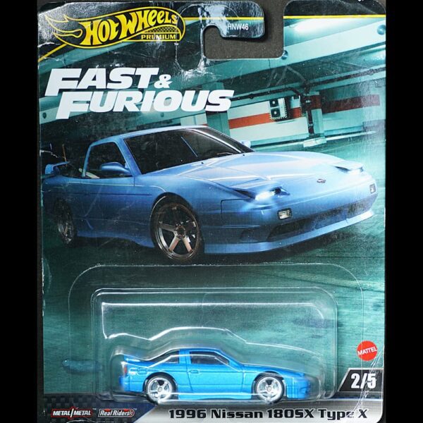 Hot Wheels Premium Nissan 180SX Type X – Fast & Furious 1/64 Diecast Car, Front View in Carded Packaging