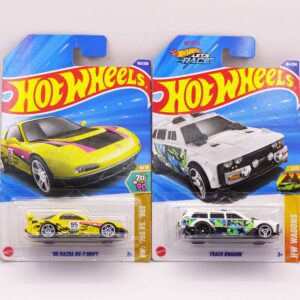 Hot Wheels Mainlines die-cast cars, featuring red '95 Mazda RX-7 Drift Déraper and purple Draggin' Wagon fantasy car, 2025 releases at RACEiN PARC