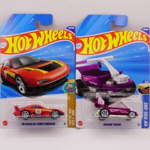 Hot Wheels Mainlines die-cast cars, featuring red '95 Mazda RX-7 Drift Déraper and purple Draggin' Wagon fantasy car, 2025 releases at RACEiN PARC