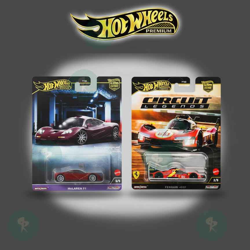 Hot Wheels Premium die-cast cars, Ferrari 499P from Circuit Legends and McLaren F1 from Exotic Envy series, premium collectibles at RACEiN PARC