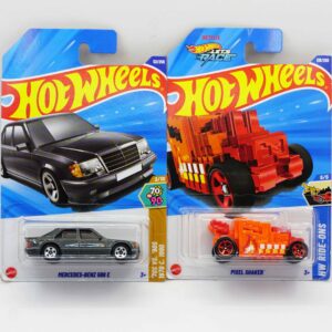 Hot Wheels Mainlines die-cast cars, featuring black Mercedes-Benz 500 E and orange Pixel Shaker fantasy vehicle, 2025 releases at RACEiN PARC