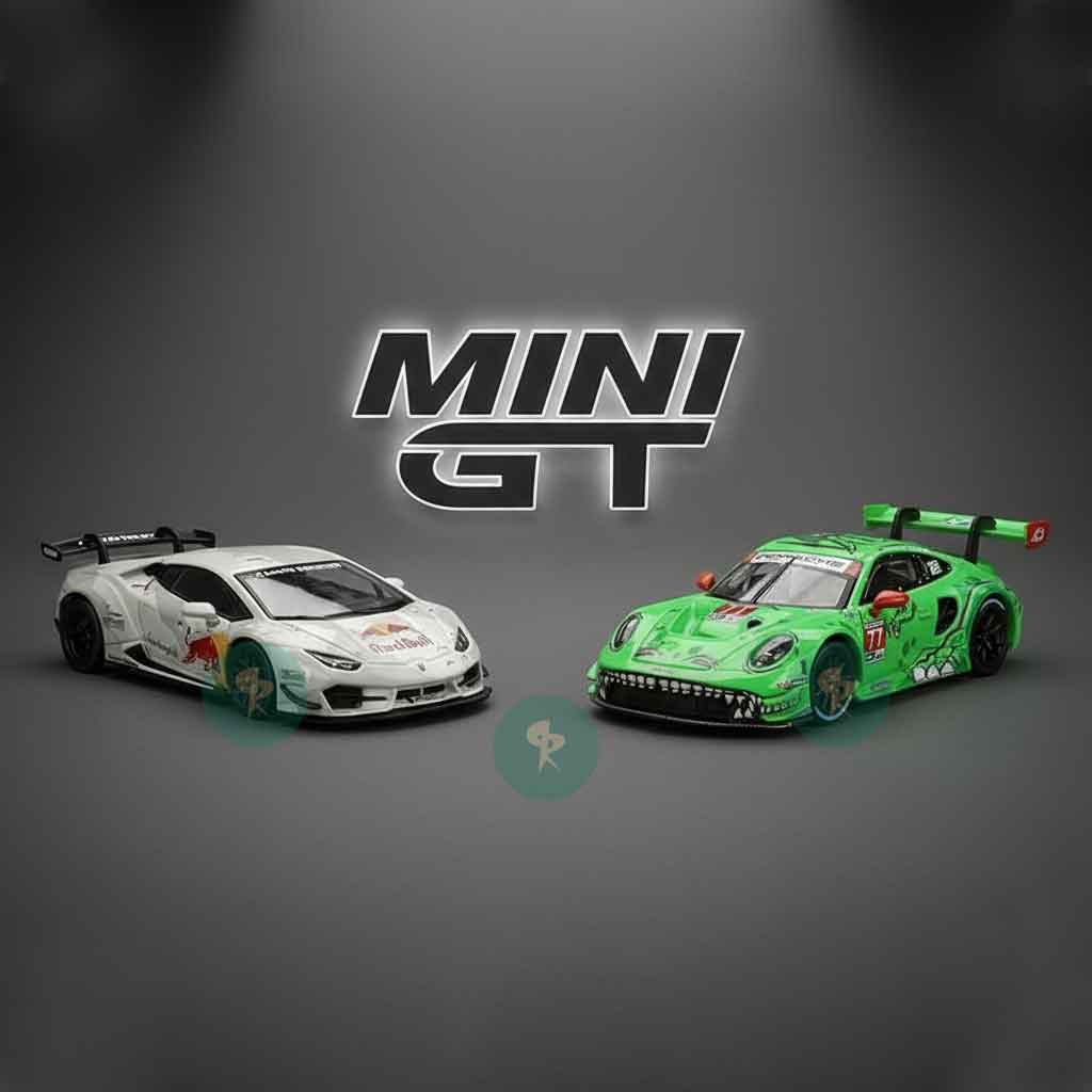 Mini GT die-cast car models, white lamborghini mini gt redbul nimbul madmike and green race rexy porsche cars on display under spotlight, MINI GT brand sub-category at RACEiN PARC shop