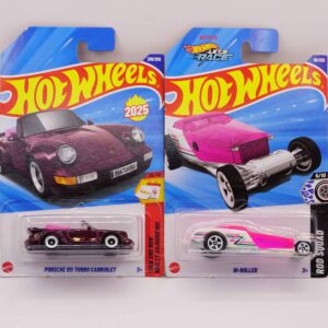 Hot Wheels Mainlines die-cast cars, featuring maroon Porsche 911 Turbo Cabriolet and pink Hi-Roller fantasy roadster, 2025 releases at RACEiN PARC