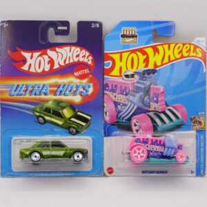 Hot Wheels Mainlines die-cast cars, featuring green Ultra Hots Datsun and pink Birthday Burner fantasy, 2025 releases at RACEiN PARC