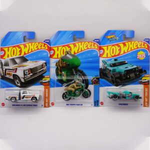 Hot Wheels Mainlines die-cast set, featuring green 1966 Triumph Tiger 100 motorcycle and two fantasy vehicles including white 1978 Dodge Li'l Red Express Truck and blue Haulerback, 2025 releases at RACEiN PARC
