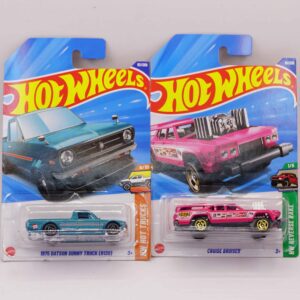 Hot Wheels Mainlines die-cast cars, featuring blue 1975 Datsun Sunny Truck (B120) and one fantasy models including pink Cruise Bruiser, 2025 releases at RACEiN PARC