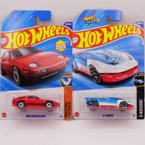 Hot Wheels Mainlines die-cast cars, featuring glossy red 1983 Porsche 928S and one fantasy model, new 2025 releases at RACEiN PARC
