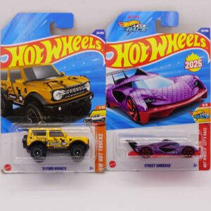 Hot Wheels Mainlines die-cast cars, featuring yellow '21 Ford Bronco and purple Street Shrieker fantasy, 2025 releases at RACEiN PARC