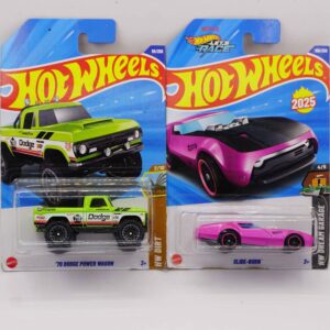 Hot Wheels Mainlines die-cast cars, featuring green '70 Dodge Power Wagon and pink Slide-Burn fantasy model, 2025 releases at RACEiN PARC