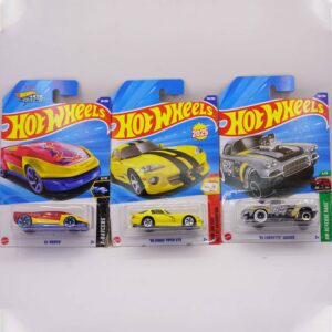 Hot Wheels Mainlines die-cast cars, featuring yellow '96 Dodge Viper GTS and two fantasy models El Viento and '62 Corvette Gasser, 2025 releases at RACEiN PARC