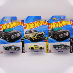 Hot Wheels Mainlines die-cast cars, featuring yellow Mazda RX-3 and black Draftnator fantasy models, 2025 releases at RACEiN PARC