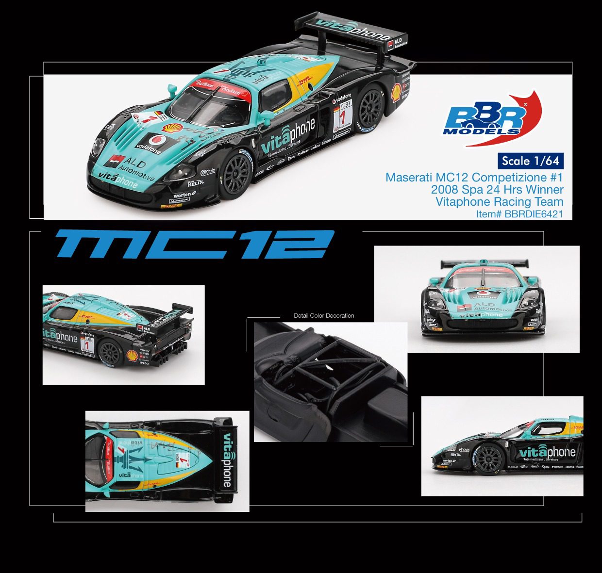 BBR Models Maserati MC12 #1 Vitaphone Racing Team – 2008 Spa 24H Winner – BBRDIE6421