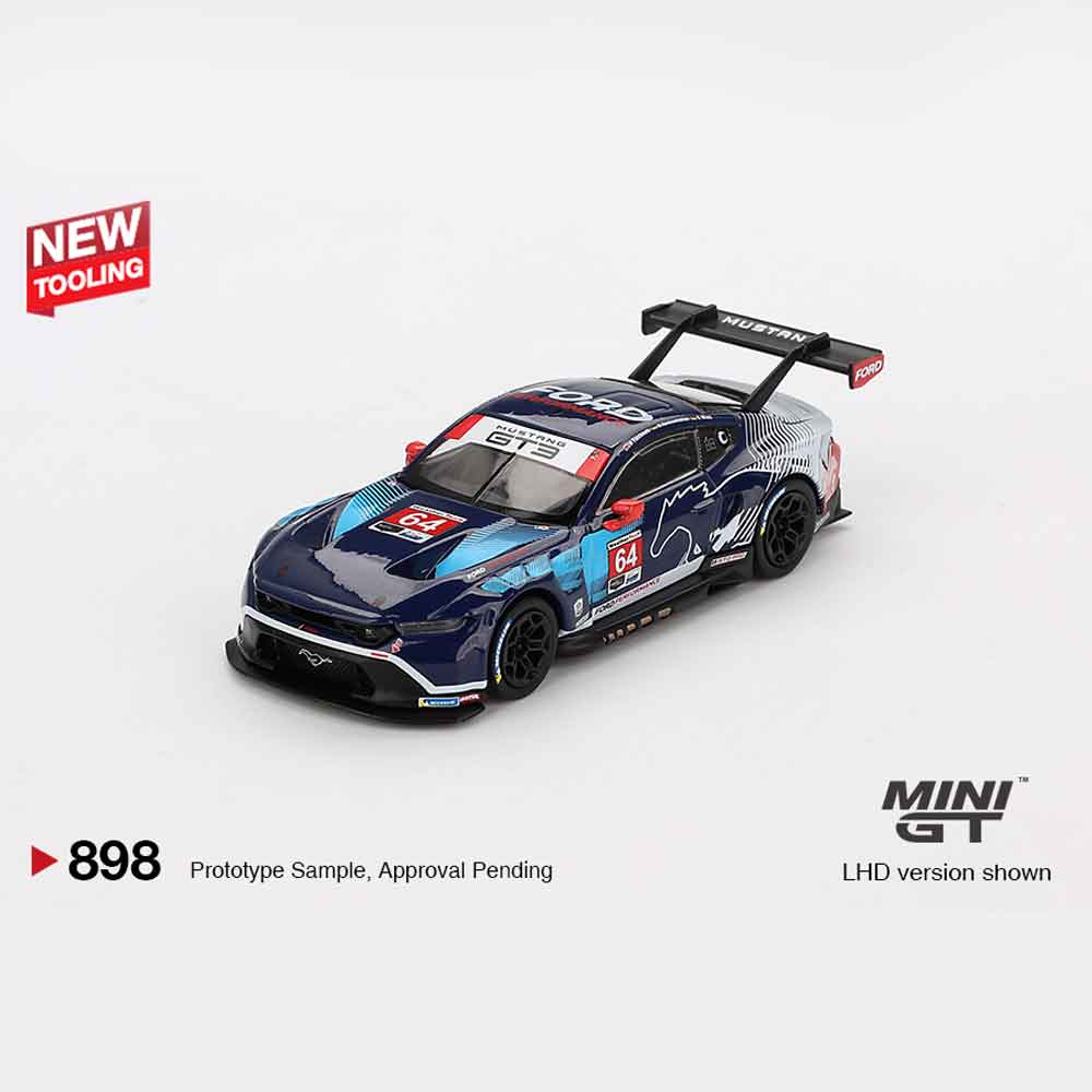 Mini GT 898 Ford Mustang GT3 #64 Ford Multimatic Motorsports from the 2024 IMSA Daytona 24 Hours recreated in 1:64 scale. GTIN to be updated | MPN MGT00898. Available now at RACEiN PARC.
